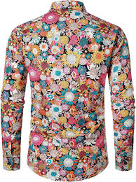 JOGAL Men's Flower Cotton Long Sleeve Casual Button Down Shirts (Multicolor, Large)