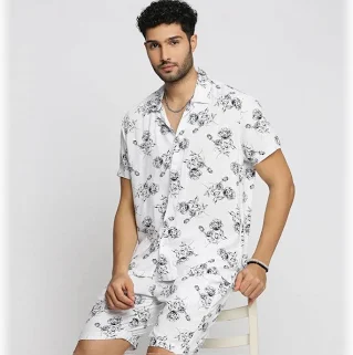 SHOWOFF Men's Short Sleeves Abstract Cuban Collar White Co-Ords Set-John-2395_White