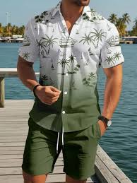 Men’s Printed Co-Ord Set | Plus Size Casual Shirt & Shorts Set | Nightwear Pajama Suit, Loungewear, Beachwear & Vacation Outfit Design No ME_NS Sky 07 Green Coconut