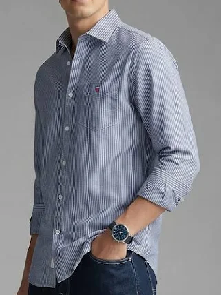 Linen Club Men's Pure Linen Blue Chambray Contemporary Fit Full Sleeve Casual Shirt