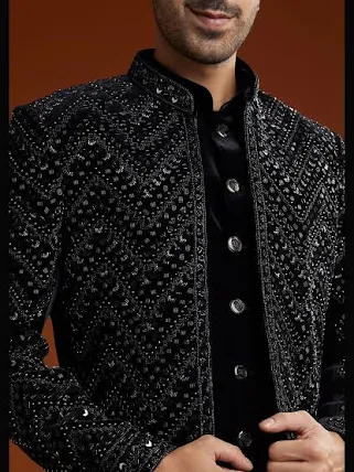 Manyavar Men's Velvet Embroidered|Sequins Jacket Set