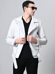 Leather Retail Faux Leather Men's White Solid Biker Jacket