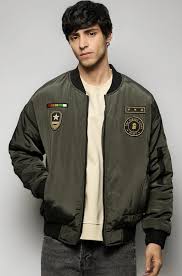 The Souled Store Bomber Jacket: Souled Army Men and Boys Long Sleeves Band Collar Zipper Front Olive Embroidered Polyester Oversized Puffer Jackets