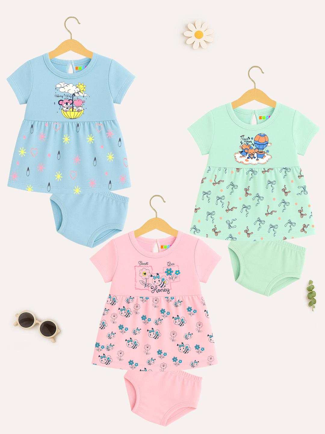 Kuchipoo Baby Girls 100% Cotton Frock and Panty Set - Pack of 3