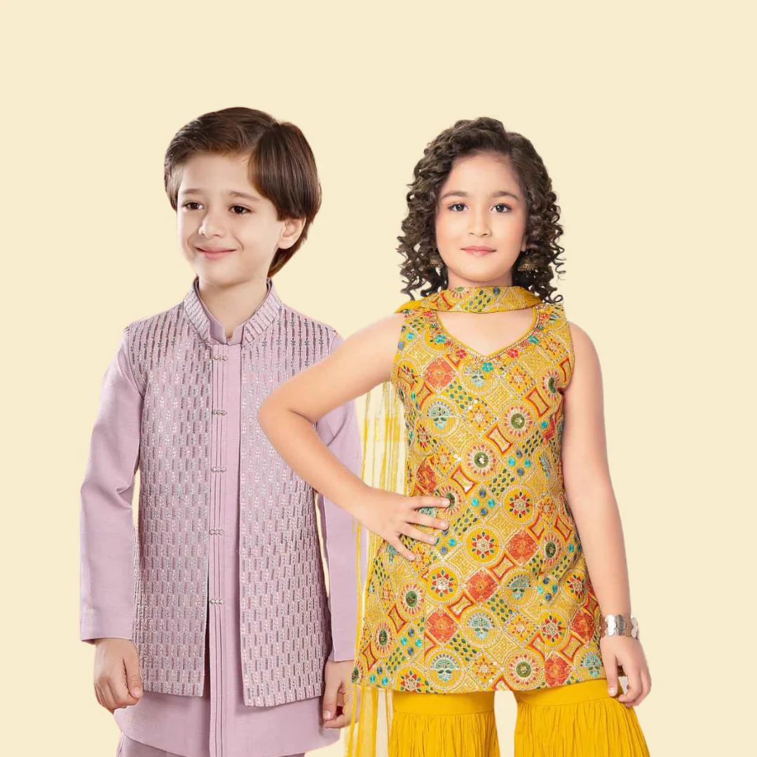 Lurex Cotton Peplum Kurti with Sharara for Girls & Side Button Kurta Pajama for Boys | Traditional Ethnic Wear Set for Kids