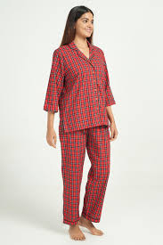 LUXELIV Women's Cotton Red and White Twill Check | Long Sleeve Shirt with Elastic Pyjama Set | Comfortable Fit Night Suit | Lounge Wear Sleepwear