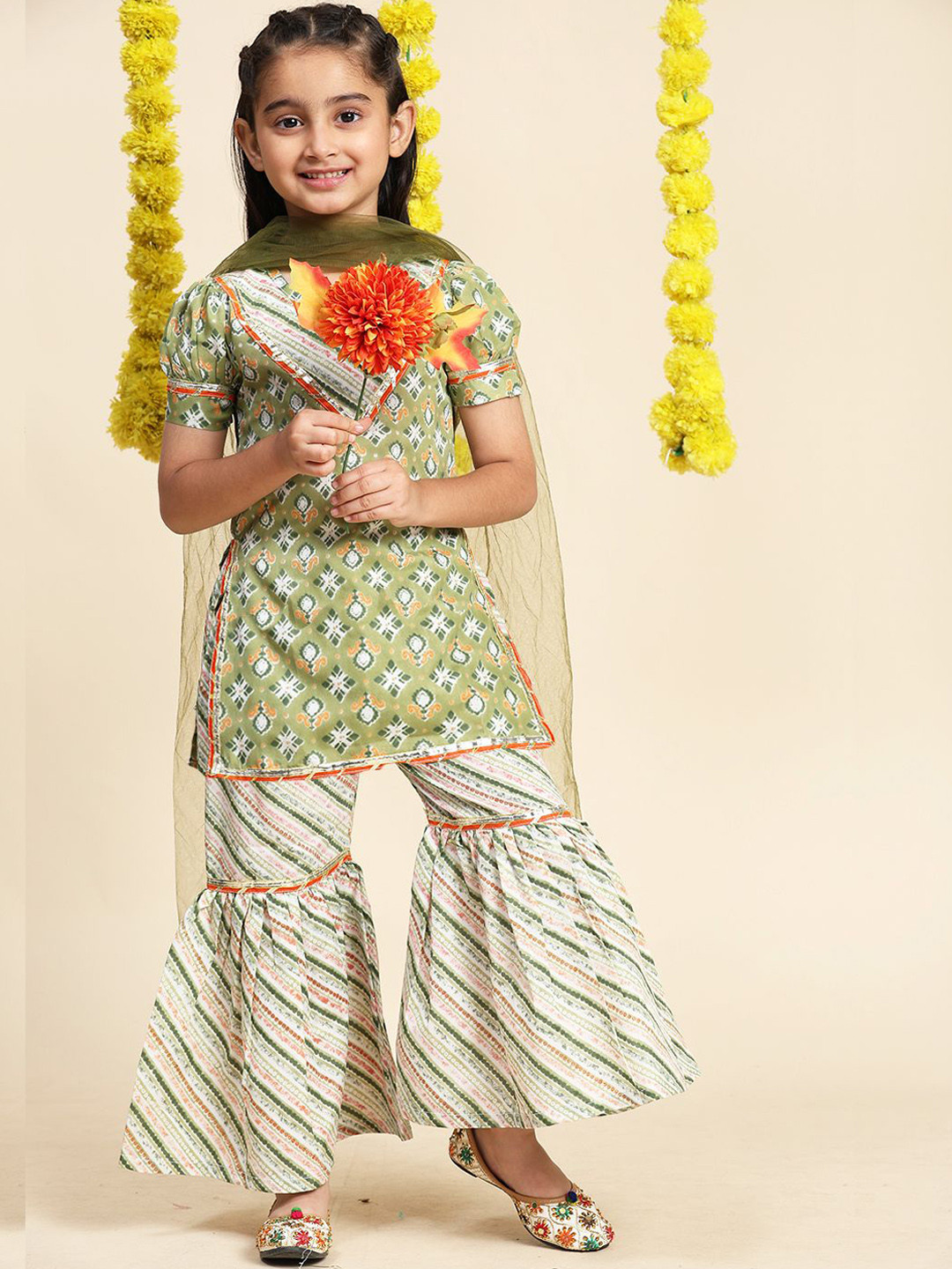 BownBee Girls Cotton Leheriya Print Kurta Sharara Set with Dupatta, Leheriya Ethnic Wear for Every Occasion