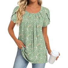 Anymeet 2023 Women's Summer Tunic Top Short Sleeve Casual Tshirts Pleated Loose Blouses for Leggings, Black Rose, XX-Large