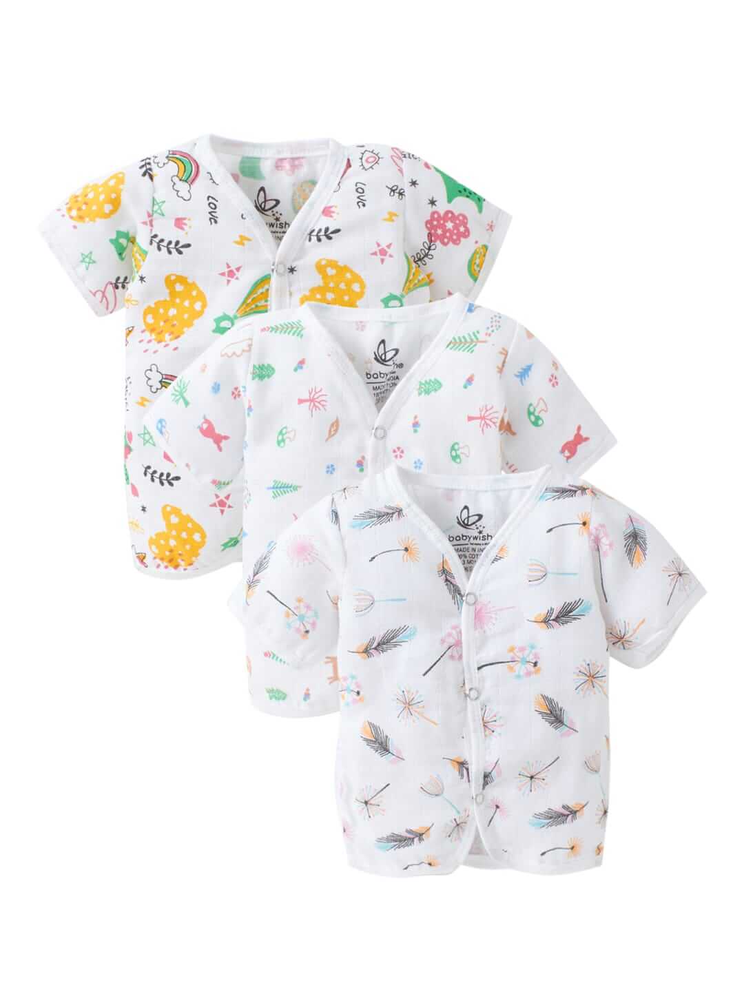 HELLCAT 100% Cotton Front Open Jhabla Vest & T Shirt for Babies - Pack of 3 (Unisex, 0-18 Months, Short Sleeve)