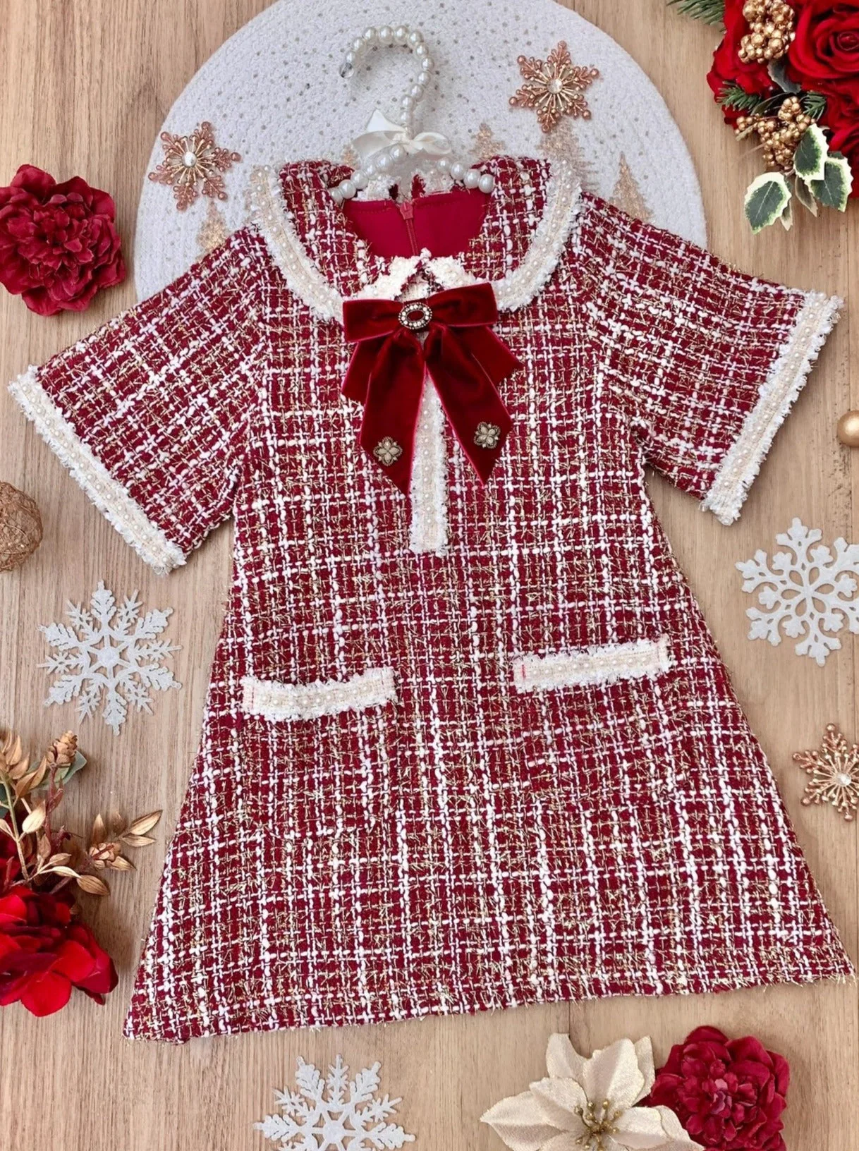 Hopscotch Girls Sleeveless Red Tweed Blazer Dress Beret Set