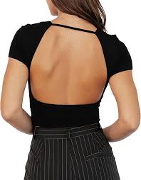 ForeFair Women's Sexy Backless Short Sleeve Slim Fit Crew Neck Summer Casual Y2K Crop Tee, A Black