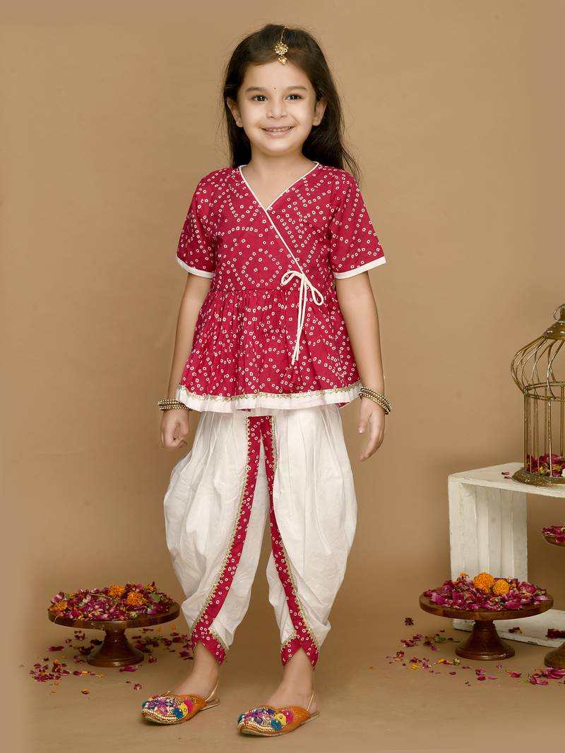 A.T.U.N. (ALL THINGS UBER NICE) Baby Girls 100% Cotton Embroidered Mirror Work Ethnic Co-ord Set | Pom Pom Lace Kurti and Dhoti Pants | 2-Piece Traditional Festive Outfit