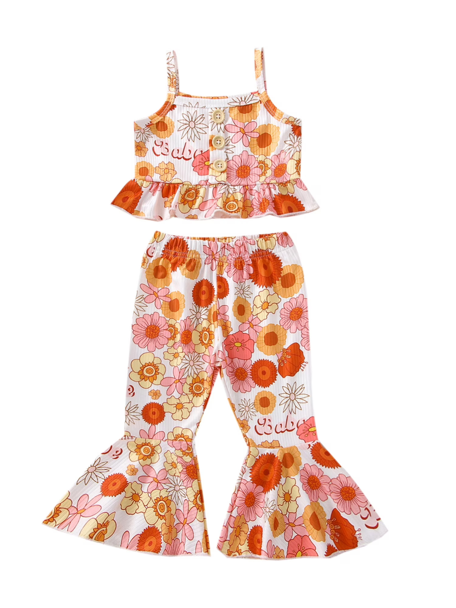 Kid Baby Girl Summer Clothes Spaghetti Straps Floral Tank Top Rainbow Flared Pants Bell Bottom Outfit