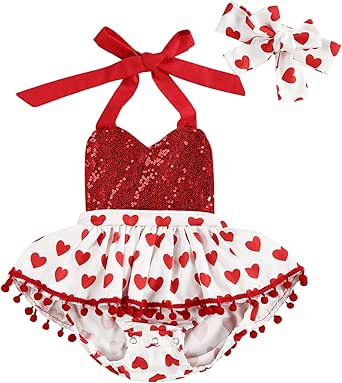 Newborn Baby Girl Valentine's Day Outfit Flutter Sleeve Heart Print Tutu Romper Dress Headband 2Pcs Clothes Set
