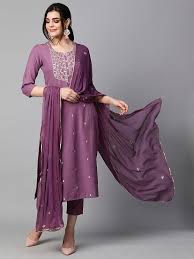 GoSriKi Women's Cotton Blend Embroidered Straight Kurta with Pant & Dupatta