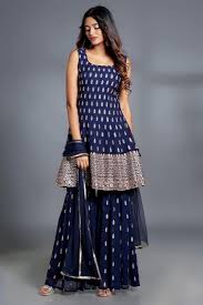 Xomantic Fashion Women's Embroiderd Work Navyblue Color Weding Wear Anarkali Kurta Sharara Set
