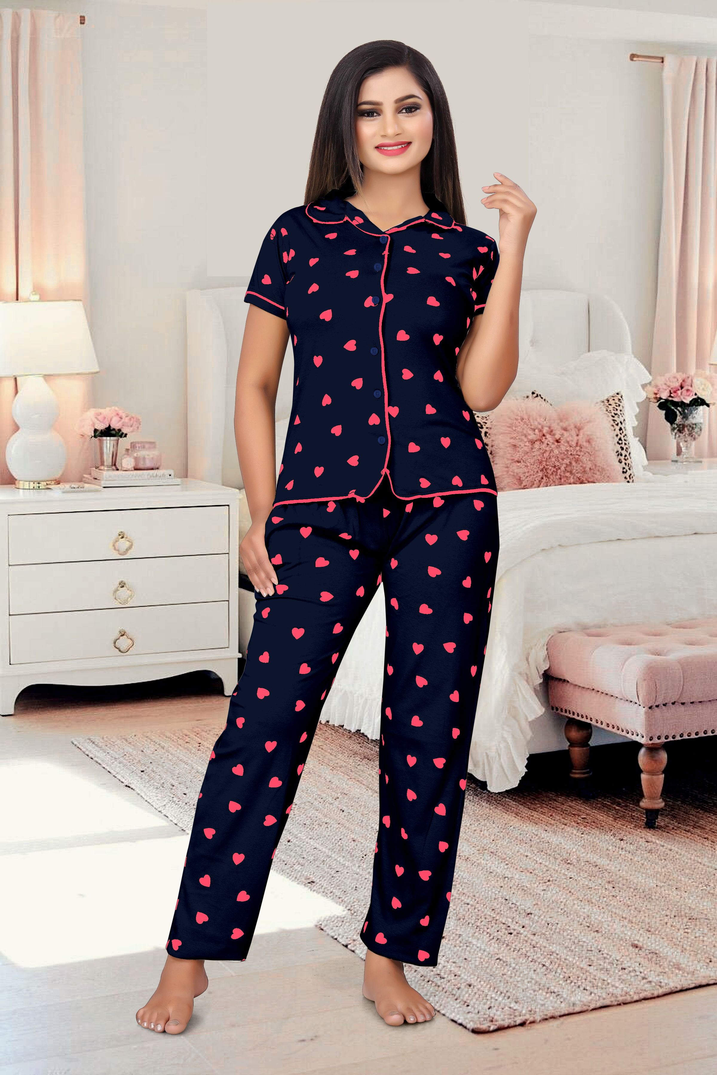 Shopbloom Pure Cotton Notched Collar Lips Don't Lie Print Short Sleeve Women's Night Suit Set with Pajama | Night Dress | Nightwear for Ladies