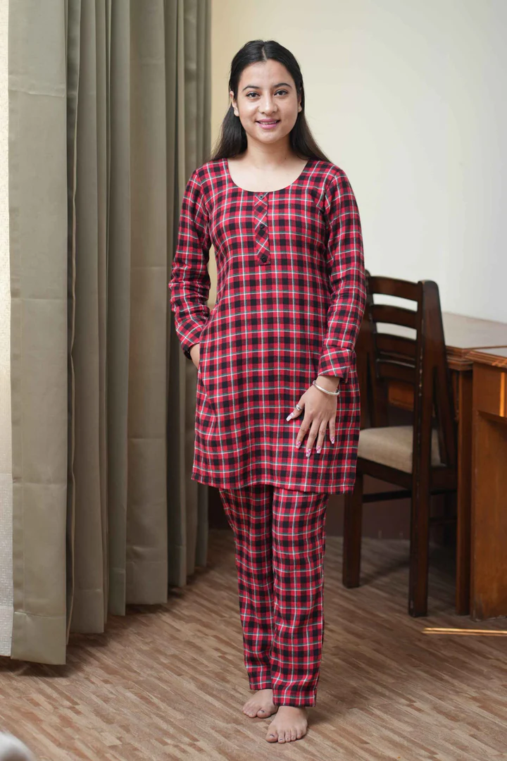 LUXELIV Women's Cotton Red and White Twill Check | Long Sleeve Shirt with Elastic Pyjama Set | Comfortable Fit Night Suit | Lounge Wear Sleepwear