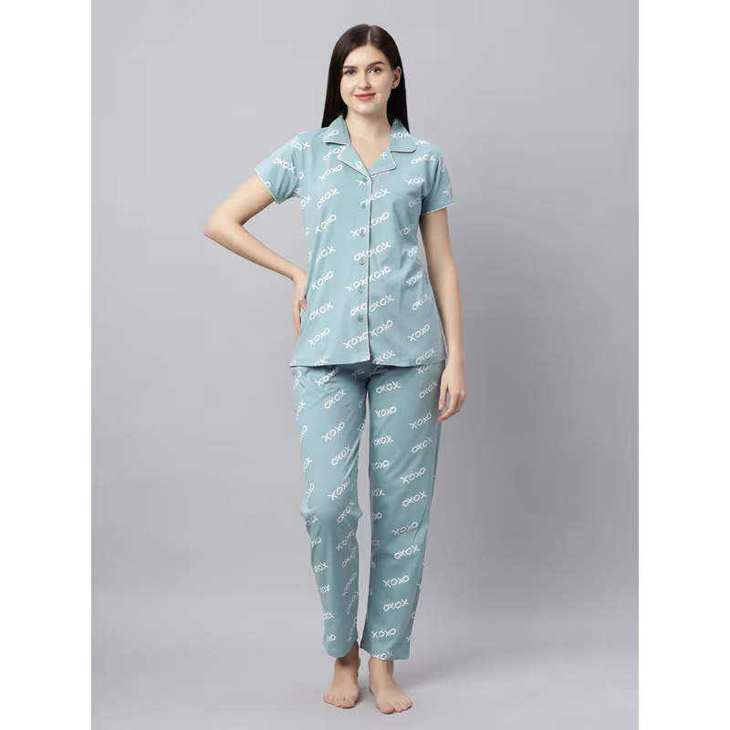 Linen Options Green Women's Shirt and Pyjama Set,Collar Neck Half Shirt and Full Pant Set for Women,Linen Material Comfortable Night Suit Set/Pyjama Set/Sleepwear/Loungewear for Women