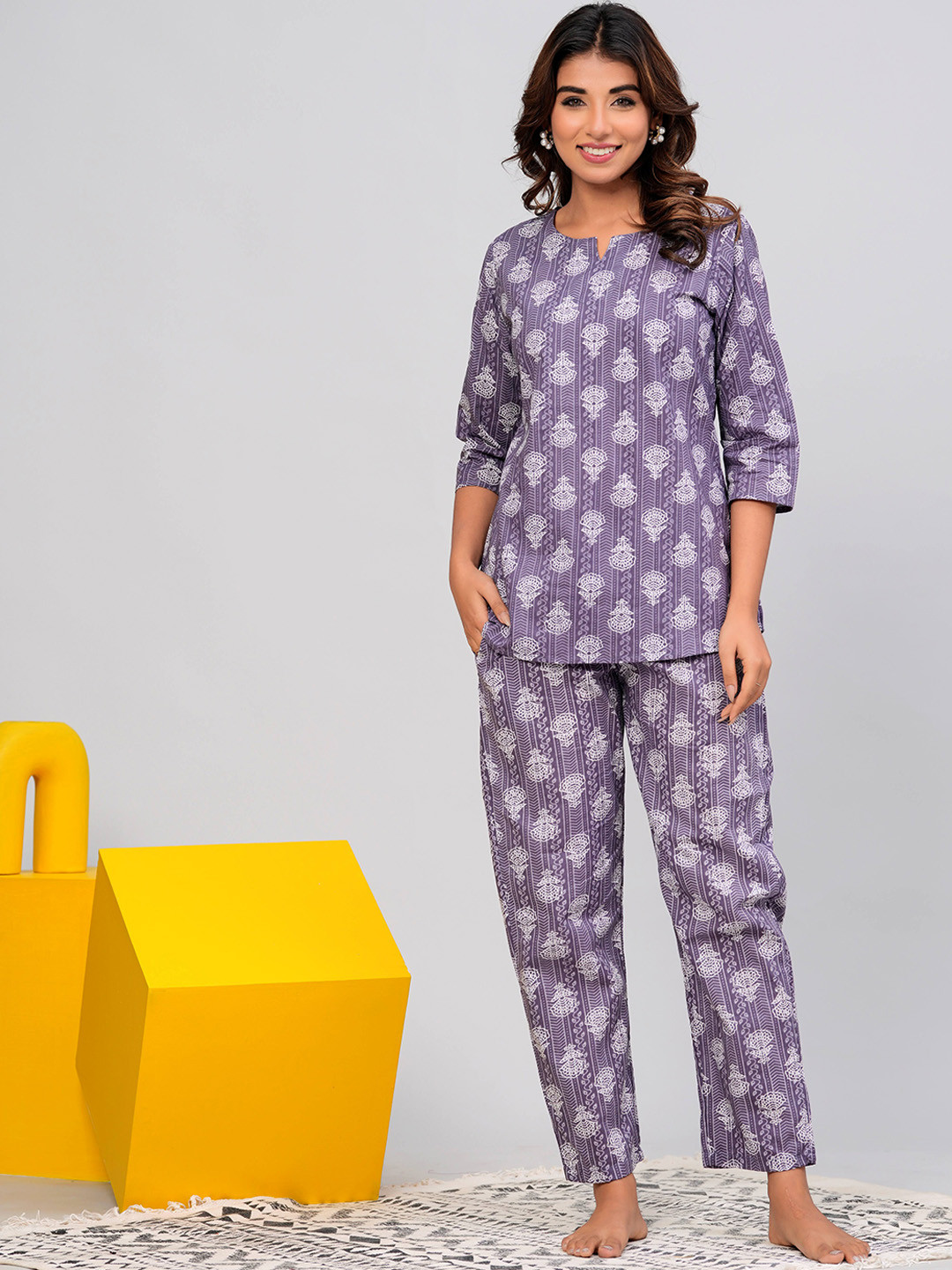 SAY Night Suit for Womens Printed White Pure Cotton Top with Trousers