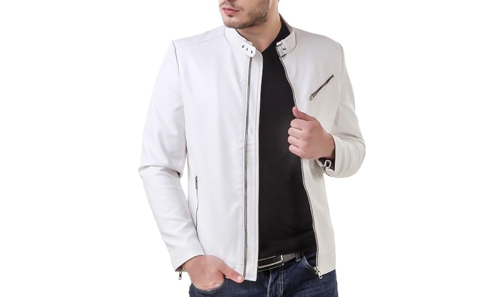 Leather Retail Faux Leather Men's White Solid Biker Jacket