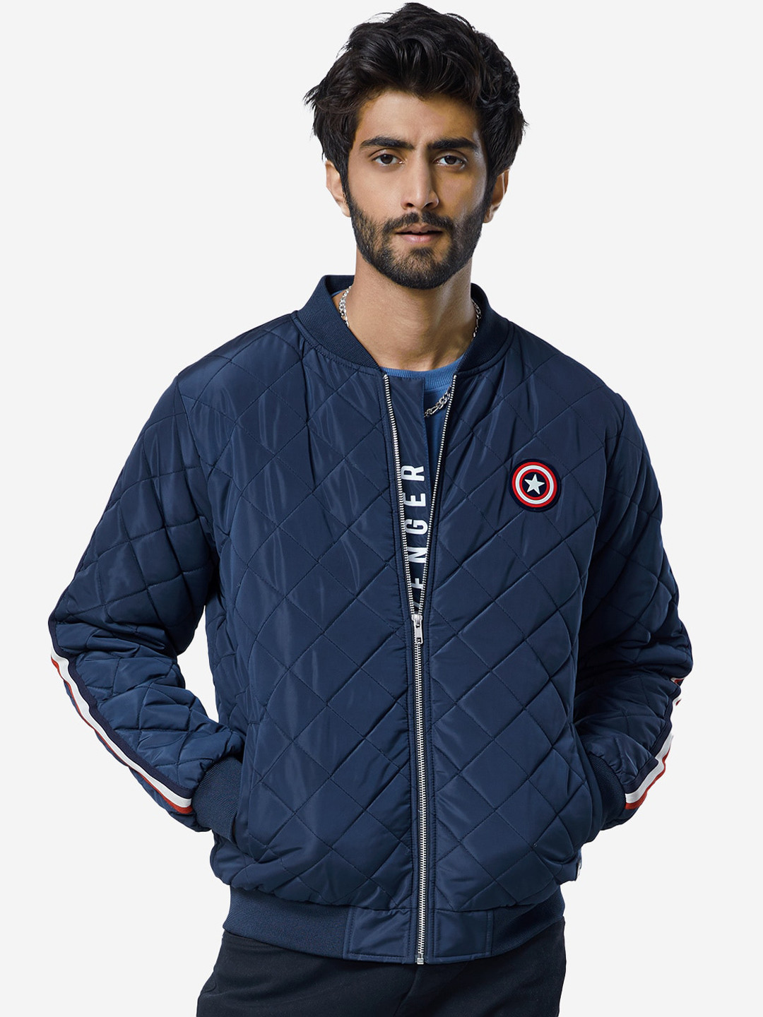 The Souled Store Bomber Jacket: Souled Army Men and Boys Long Sleeves Band Collar Zipper Front Olive Embroidered Polyester Oversized Puffer Jackets