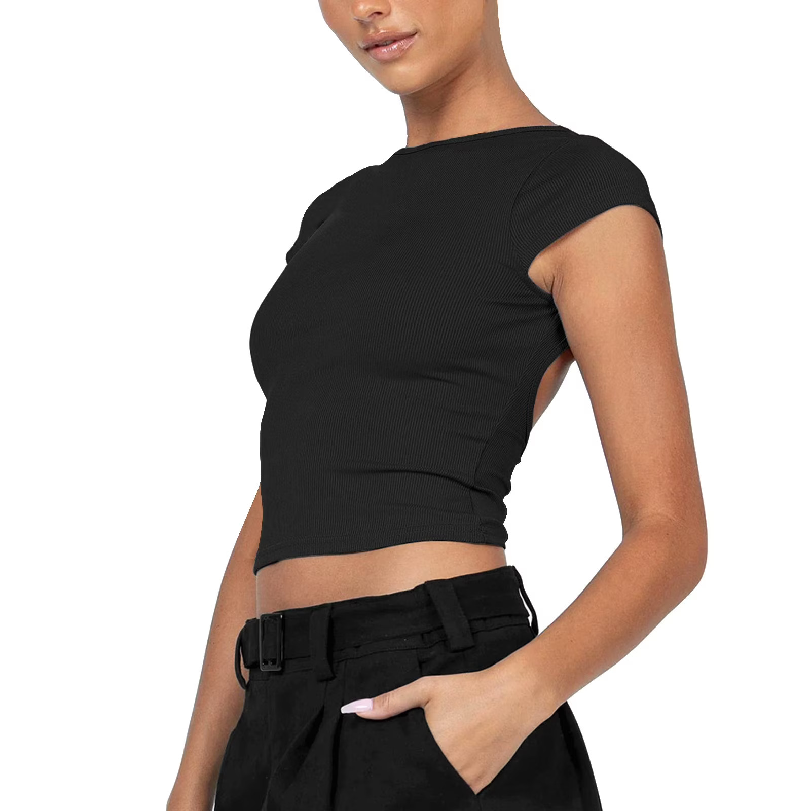 ForeFair Women's Sexy Backless Short Sleeve Slim Fit Crew Neck Summer Casual Y2K Crop Tee, A Black