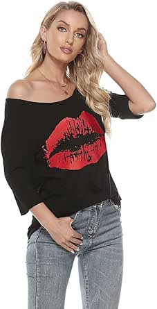 Magicmk Women Women Casual Plus Size Sexy Off Shoulder Lip Print T Shirt