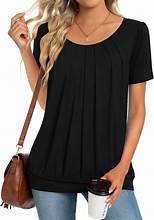 Anymeet 2023 Women's Summer Tunic Top Short Sleeve Casual Tshirts Pleated Loose Blouses for Leggings, Black Rose, XX-Large