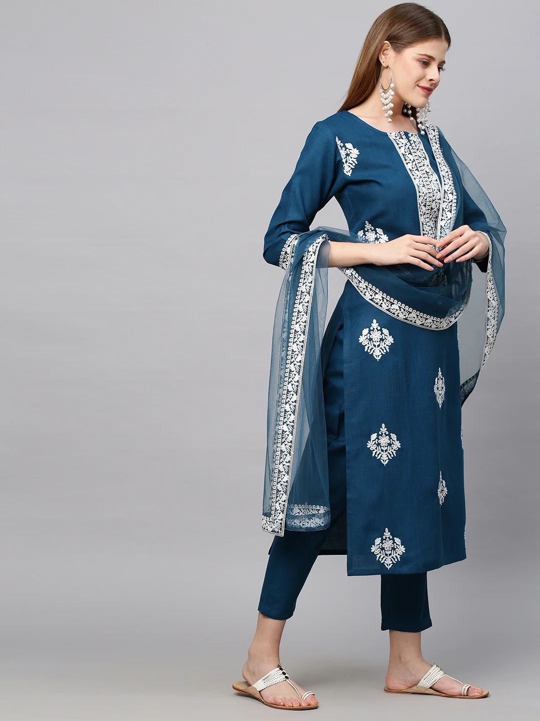 GoSriKi Women's Cotton Blend Embroidered Straight Kurta with Pant & Dupatta