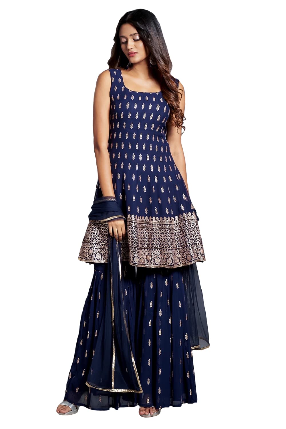 Xomantic Fashion Women's Embroiderd Work Navyblue Color Weding Wear Anarkali Kurta Sharara Set