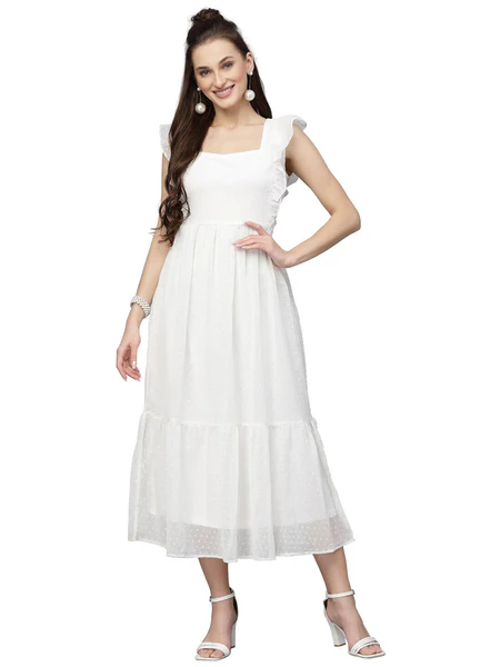 Sugathari Georgette Jacquard Butti Square Neck Knee Length Western Dresses for Women (Dress2 89)