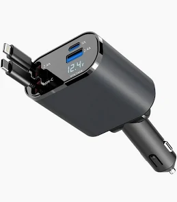 66W 4-in-1 Retractable Fast Car Charger for iPhone & Android