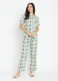Shopbloom Pure Cotton Notched Collar Lips Don't Lie Print Short Sleeve Women's Night Suit Set with Pajama | Night Dress | Nightwear for Ladies