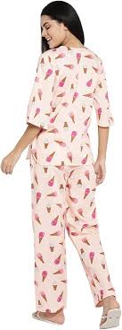 Shopbloom White Ice Cream Popsicle Print | V-Neck Cotton Women Night Suit | Lounge Wear | Night Wear