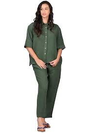 Linen Options Green Women's Shirt and Pyjama Set,Collar Neck Half Shirt and Full Pant Set for Women,Linen Material Comfortable Night Suit Set/Pyjama Set/Sleepwear/Loungewear for Women