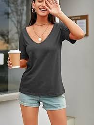 Eachyes Women's Deep V Neck Casual Short Sleeve Loose Fit Fashion T Shirt