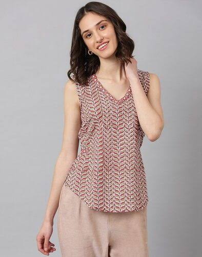 Women Sleeveless Stylish Latest Printed V-Neck Top Regular Fit T-Shirt