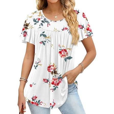 Anymeet 2023 Women's Summer Tunic Top Short Sleeve Casual Tshirts Pleated Loose Blouses for Leggings, Black Rose, XX-Large
