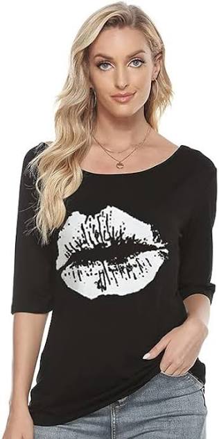 Magicmk Women Women Casual Plus Size Sexy Off Shoulder Lip Print T Shirt