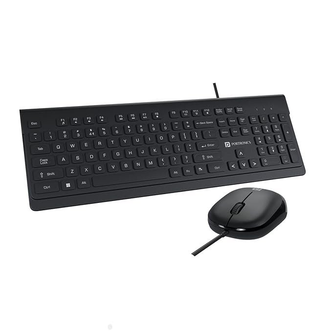 Portronics Keytonic Wired Keyboard and Mouse Combo, Full-Size USB Keyboard with Number Pad, Ergonomic Optical Mouse, Multimedia Shortcut Keys, UV-Coated Keycaps, 1.5m Cable, Plug & Play for PC, Laptop & Desktop