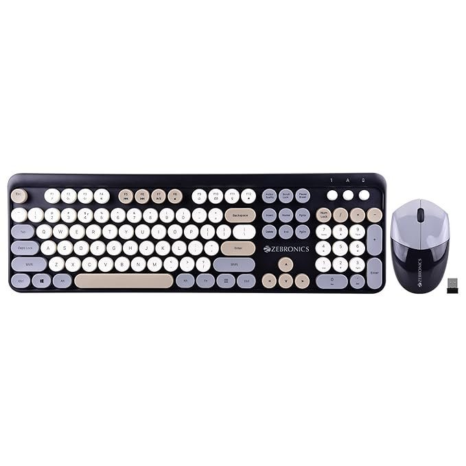 ZEBRONICS Companion 301 2.4GHz Wireless Keyboard & Mouse Combo with UV Printed, Retro Style Keys, 104 + 12 Integrated Multimedia Keys, 1600 DPI, High Precision (Black + Grey)
