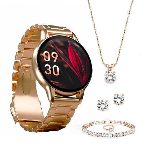 Vibez Glitz Luxury Smart Watch for Women & Gift Box- Stainless Metal Straps,1.39" Display, BT Calling Smartwatch & Jewellery Set for Women, Gifts for Women (Earrings, Necklace, Bracelet, Ring), Gold
