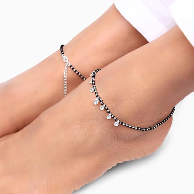 GIVA 925 Silver 18k Gold Plated Rose Gold Zircon Studded Black Bead Anklet | Gifts for Women & Girls - Image 2