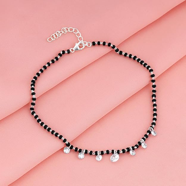GIVA 925 Silver 18k Gold Plated Rose Gold Zircon Studded Black Bead Anklet | Gifts for Women & Girls - Image 3