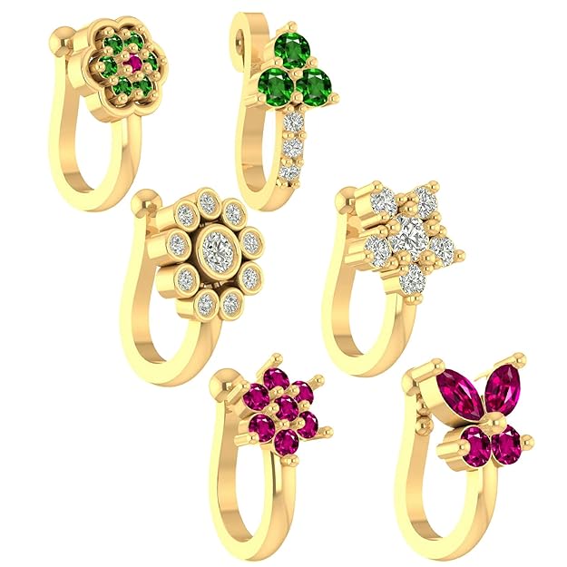 VAMA FASHIONS 6 Pcs 18K Gold Plated Anti Tarnish Clip on Nose pin without Hole Non Piercing Pressing Type Nose ring Stud for Women & Girls