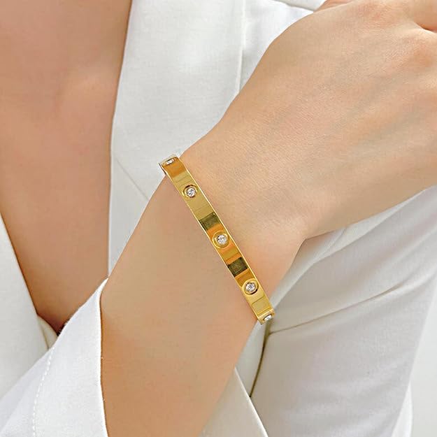 SALVE Classic Stainless Steel Toned Love Band Bracelet | Anti-Tarnish, Cubic Zirconia Studded Bangle Kada | Aesthetic Valentine's Gift for Girlfriend - Image 2