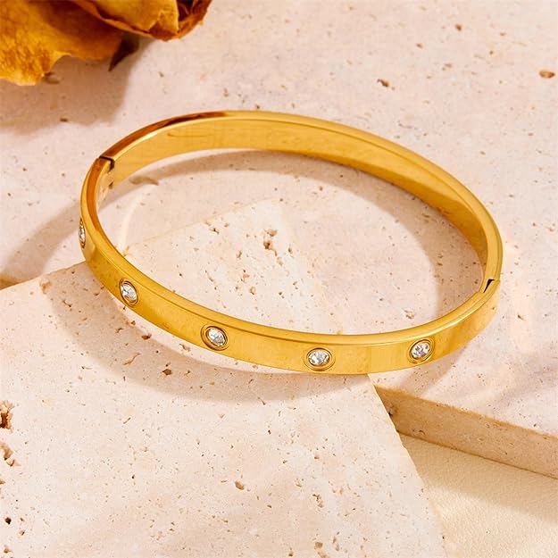 SALVE Classic Stainless Steel Toned Love Band Bracelet | Anti-Tarnish, Cubic Zirconia Studded Bangle Kada | Aesthetic Valentine's Gift for Girlfriend - Image 3