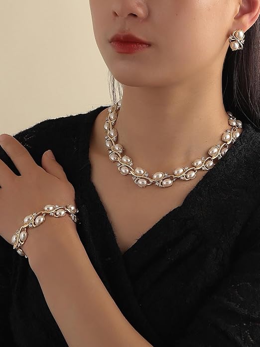 Shining Diva Fashion Latest Stylish Design Fancy Pearl Bracelet Earrings Necklace Jewellery Set for Women (15214s) - Image 3