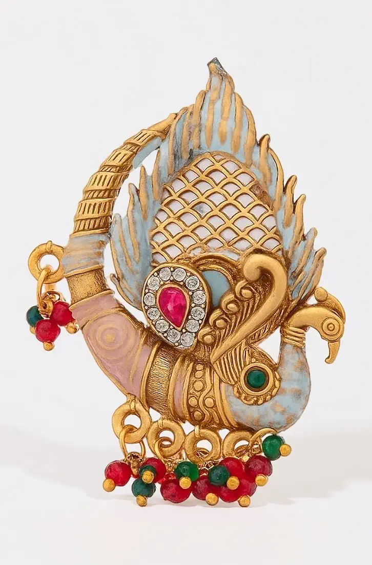 Traditional Gold Plated Swan Adjustable Ring with Meenakari and Beads - Image 3